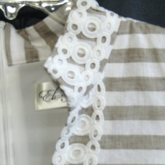Eliza J Linen Cotton Mini Dress Size 12 Beige White Stripe Eyelet Coastal Resort - Picture 3 of 14